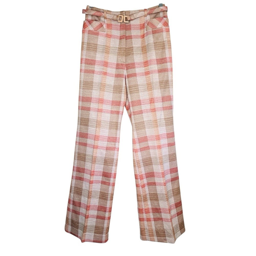 VTG 70s Preppy Plaid Wide Leg Flare‎ Pants 26 Disco Indie Mod Old Money Stretch